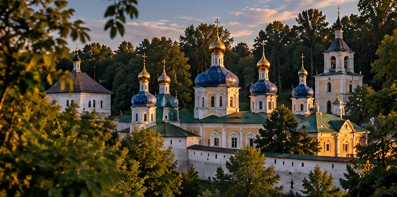 Монастырские храмы с синими и золотыми главами